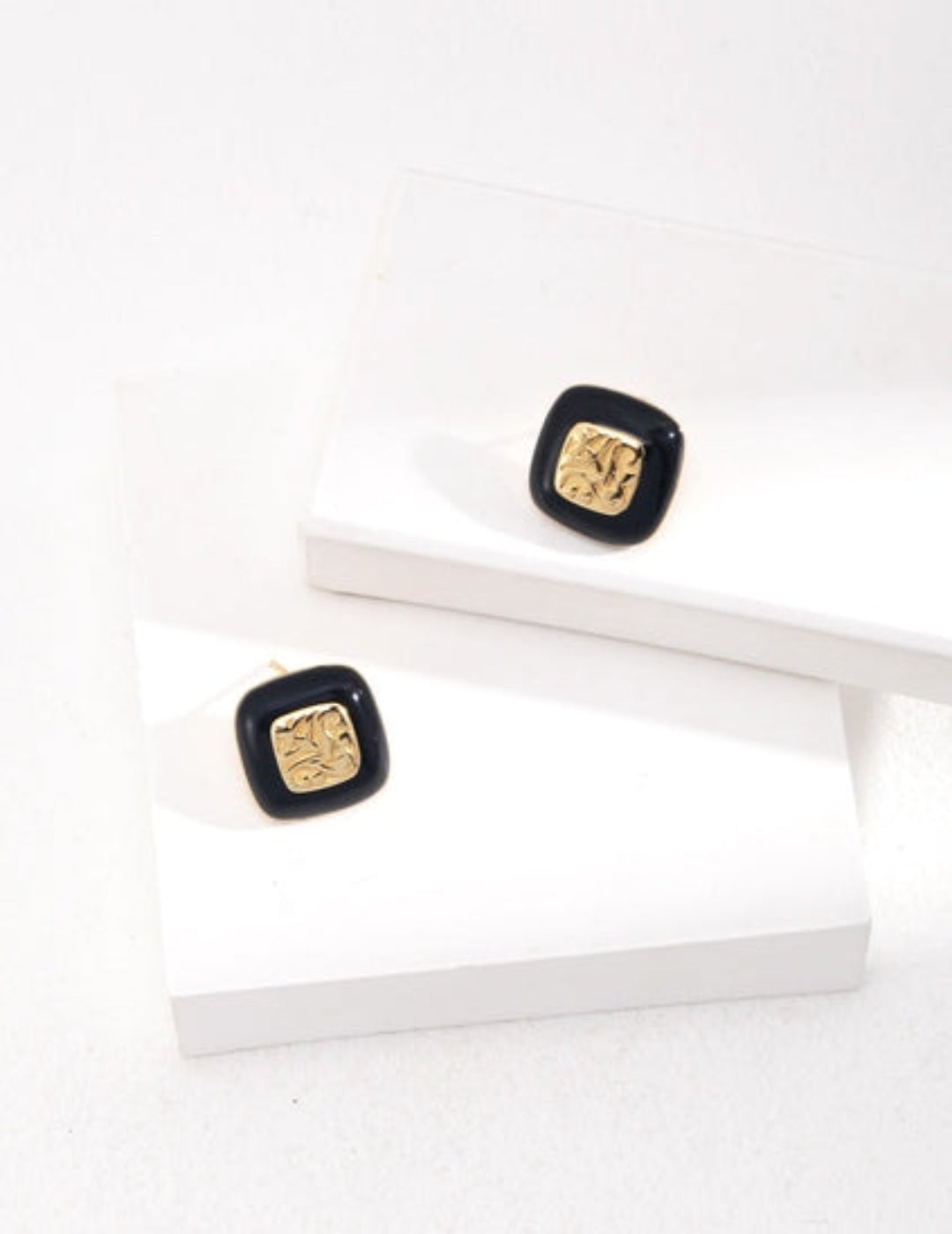 Black enamel and gold square earrings