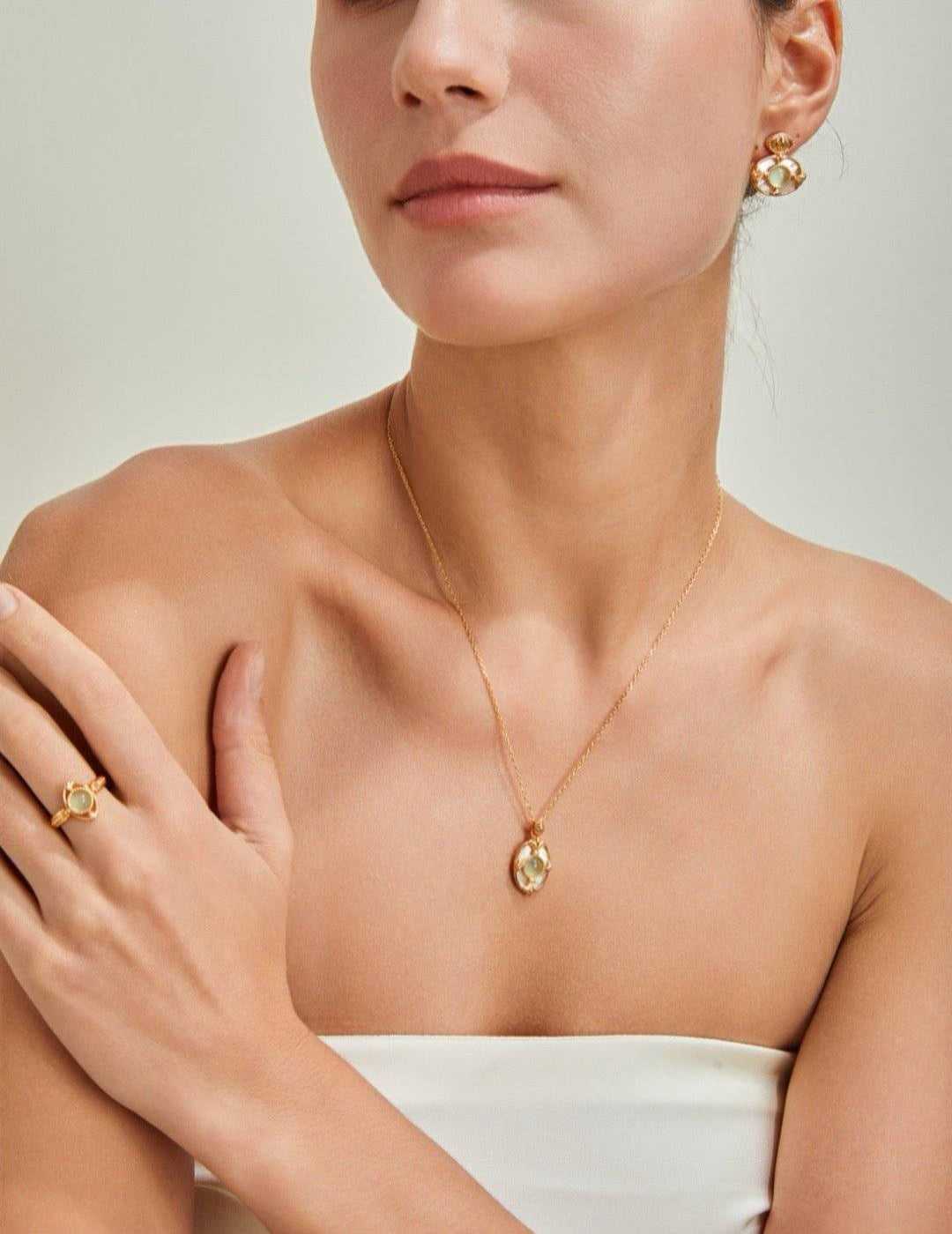 Model styling Grape Agate drop earrings