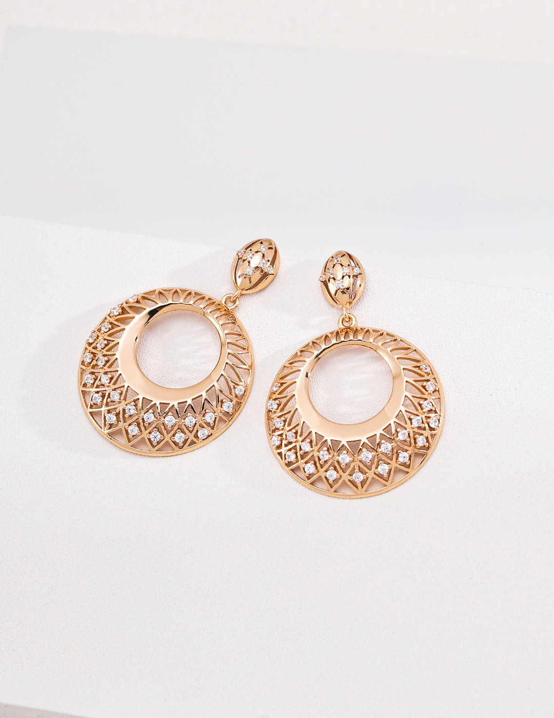 Vintage gold filigree circle drop earrings in 925 sterling silver with cubic zirconia accents
