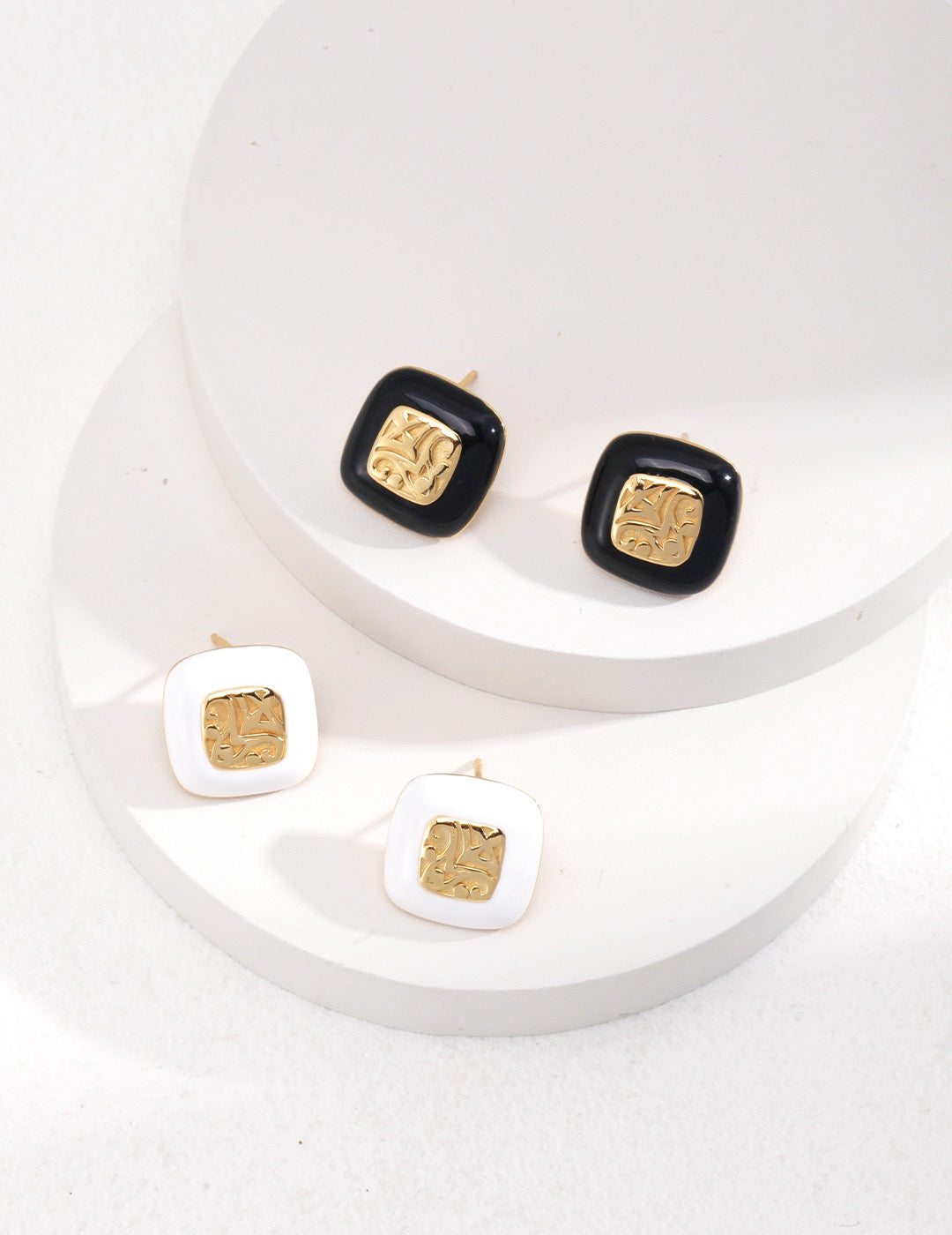 Black and white enamel square stud earrings