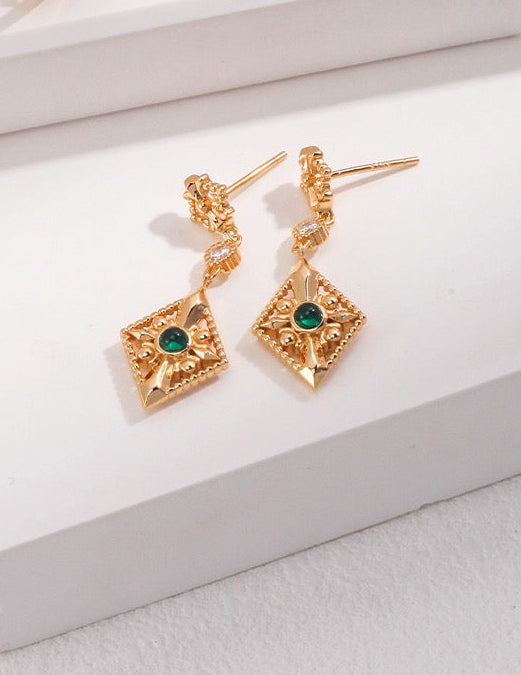 Red and green zircon drop earrings with geometric design